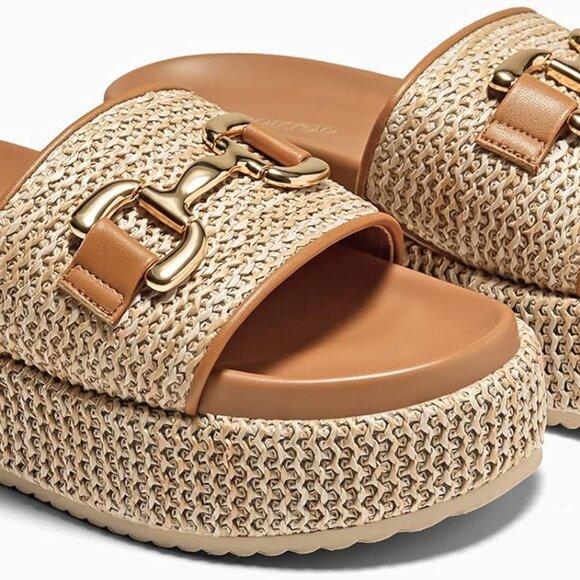 Women's Raffia Espadrille Platform Sandals Slip On Open Toe Beach Shoes - Picture 5 of 5